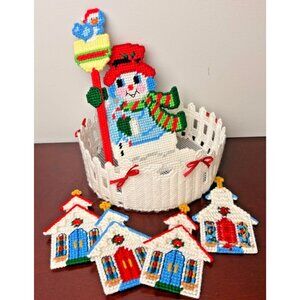 Complete Bucilla Snowman Christmas Candy Dish Plastic Canvas + Church Coasters